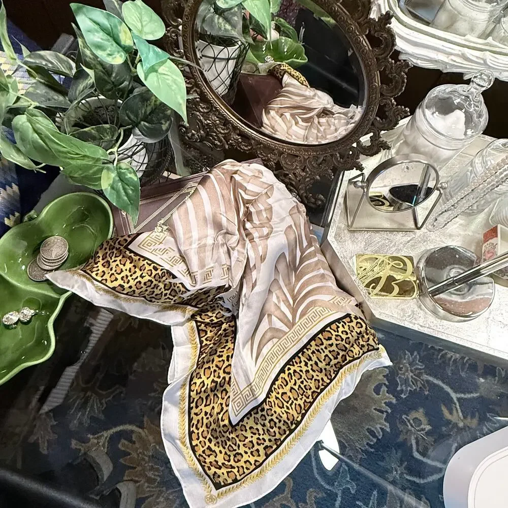 Vintage Elaine Gold Silk Scarf - Leopard Print & Palm Fronds - 26”‎ Neckerchief